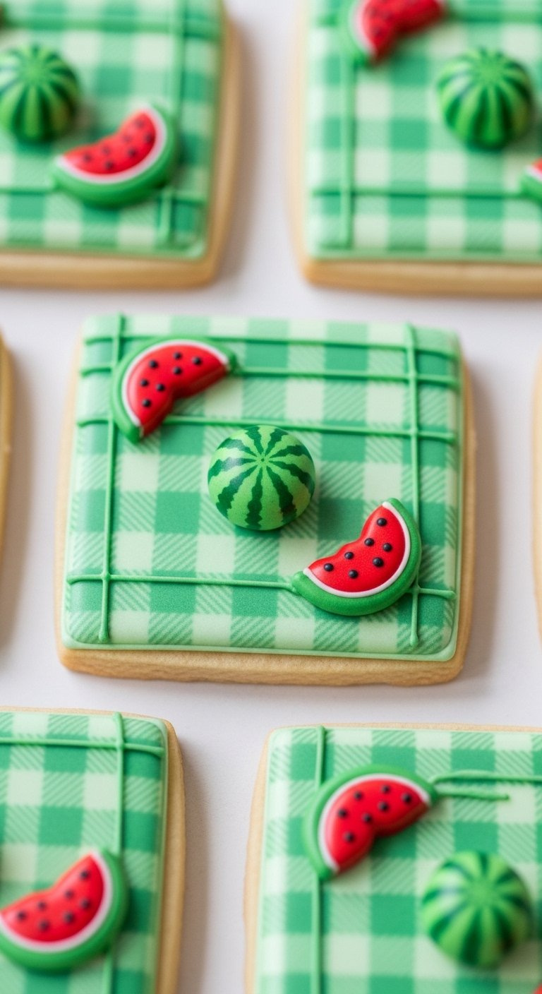 Square Sugar Cookies Featuring A Light Green Gingham Pattern With Small Red Watermelon Slice Designs Piped On Top.