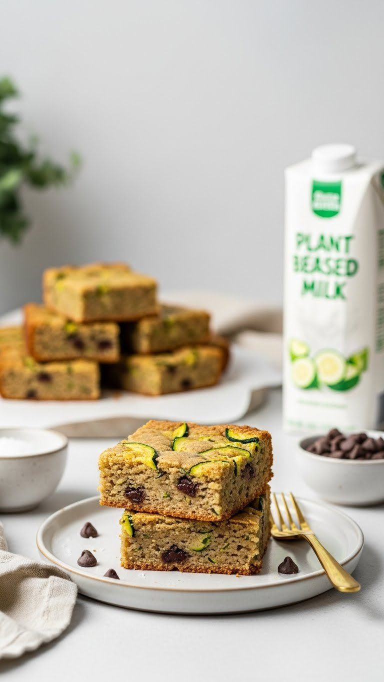 Square Vegan Zucchini Blondie With Green Flecks And Chocolate Chips On Ceramic Plate