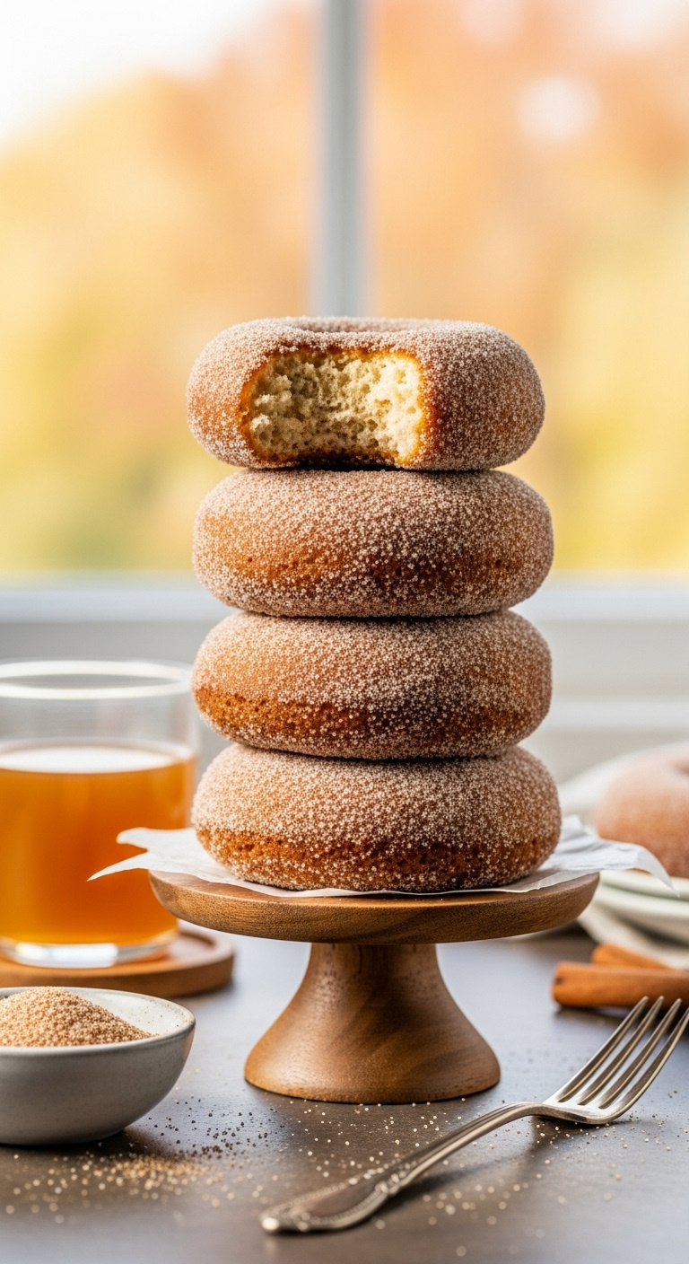 Stack Of Baked Apple Cider Doughnuts Coated In Cinnamon Sugar With A Bite Taken Out On A Wooden Stand With Cider And Cinnamon
