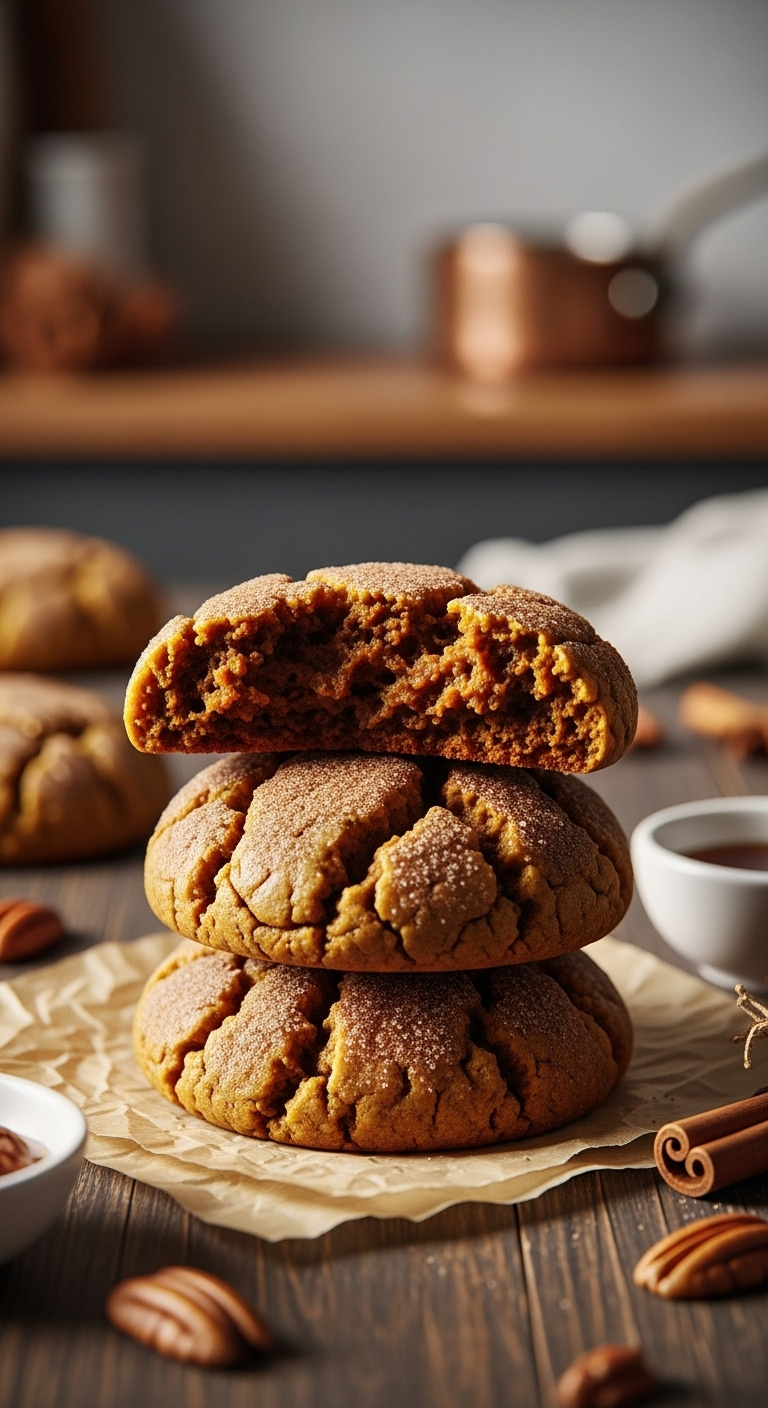 Stack Of Brown Butter Maple Chewy Pumpkin Cookies With A Broken Cookie Revealing Moist Interior On Parchment Paper With Maple Syrup Pecans And Cinnamon Stick