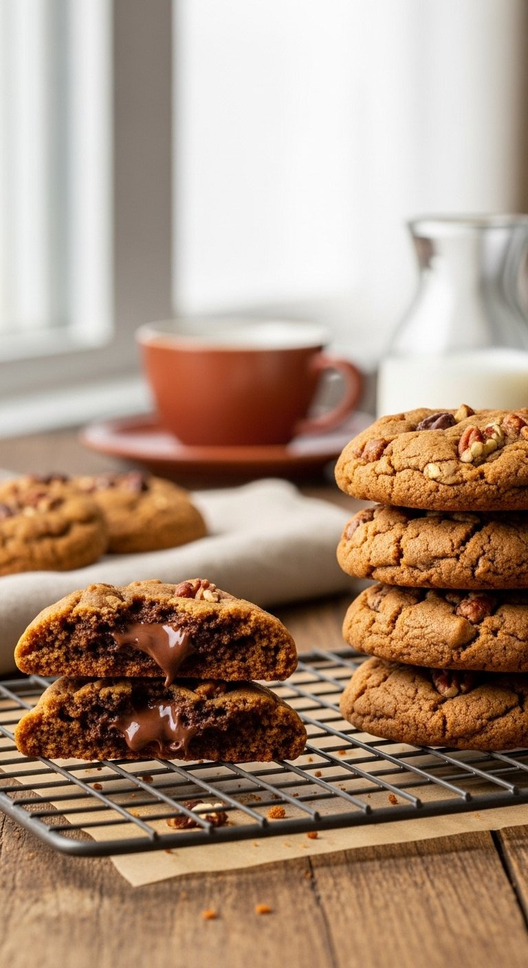 Stack Of Brown Butter Pecan Chocolate Chunk Cookies With One Broken In Half Displaying Gooey Chocolate.