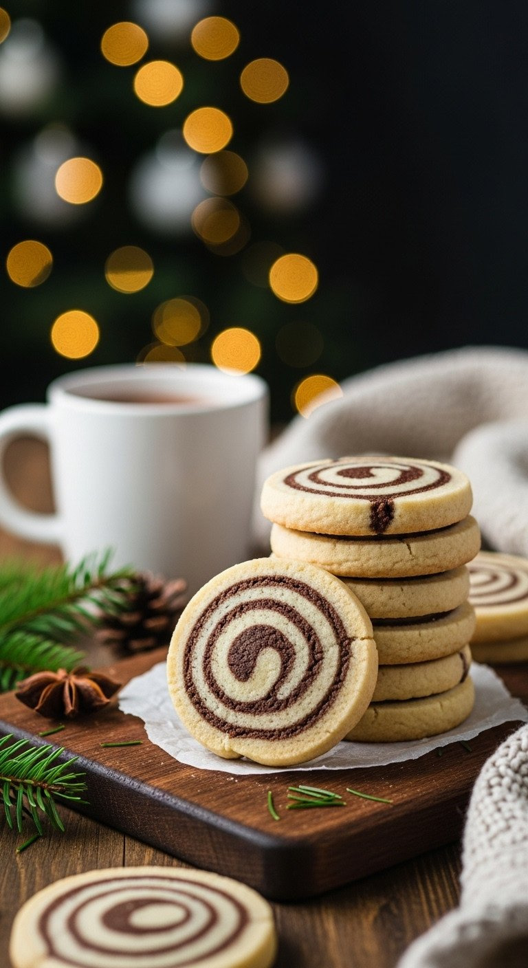 Stack Of Buttery Chocolate And Vanilla Shortbread Swirl Cookies On A Rustic Wood Board With A Mug Of Hot Cocoa Nearby.