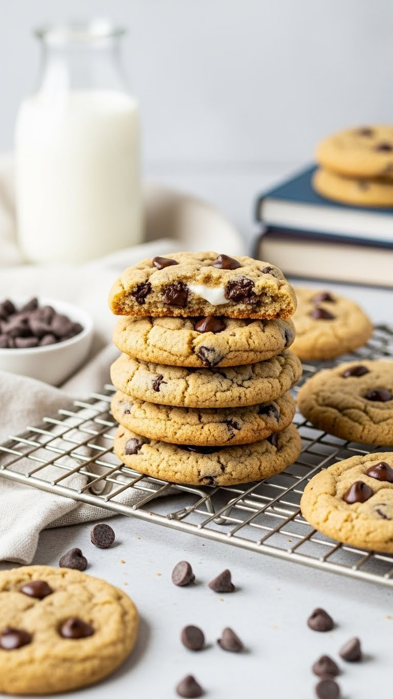 Stack Of Chewy Greek Yogurt Chocolate Chip Cookies With Melted Chocolate On Cooling Rack