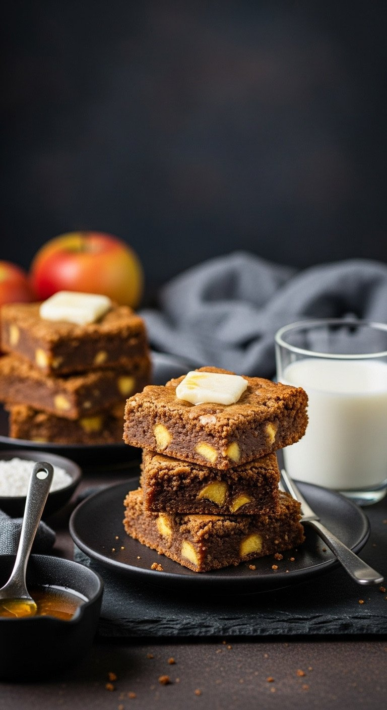 Stack Of Chewy Brown Butter Apple Blondies On A Plate, Fudgy Texture With Apple Pieces And Crackly Top.