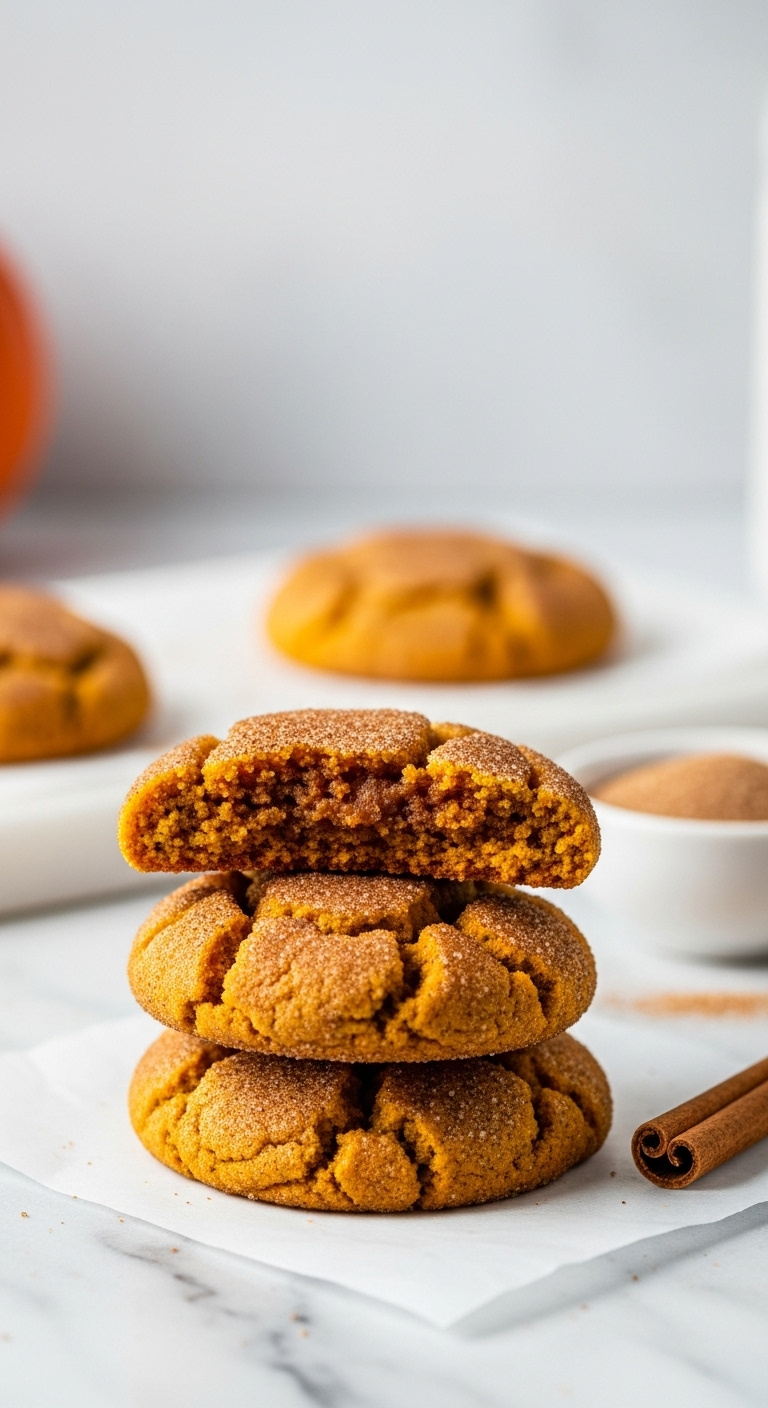 Stack Of Chewy Brown Butter Pumpkin Snickerdoodles With A Broken Cookie Showing Interior On Parchment Paper With Cinnamon Sugar And Cinnamon Stick