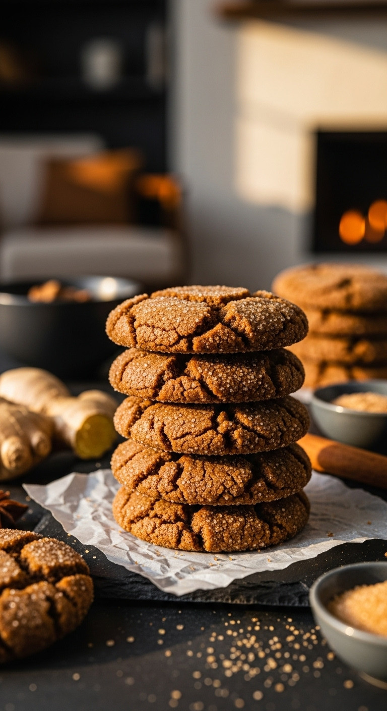 Stack Of Chewy Ginger Molasses Cookies With Crackled, Sugary Tops On Parchment Paper, Dark Slate. Warm, Cozy Setting, Ginger &Amp; Cinnamon.