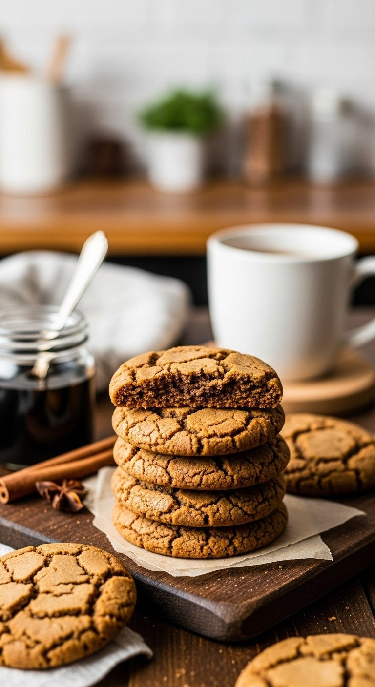 Stack Of Chewy Molasses Spice Cookies With Crackled Tops On A Rustic Wooden Board. Molasses Jar &Amp; Cinnamon Stick.