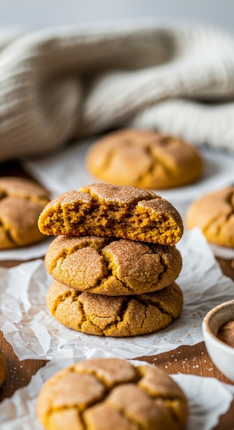 Stack Of Chewy Pumpkin Snickerdoodle Cookies With Crackly Cinnamon Sugar Tops On Parchment Paper