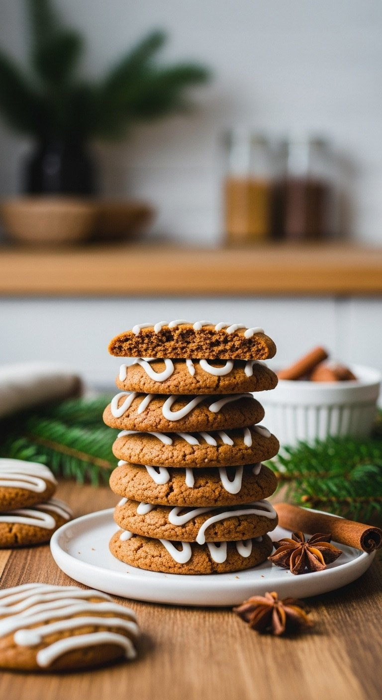 Stack Of Classic Chewy Gingerbread Men Cookies With White Icing, On A Rustic Wooden Table With Cinnamon And Star Anise. Cozy Kitchen Background.
