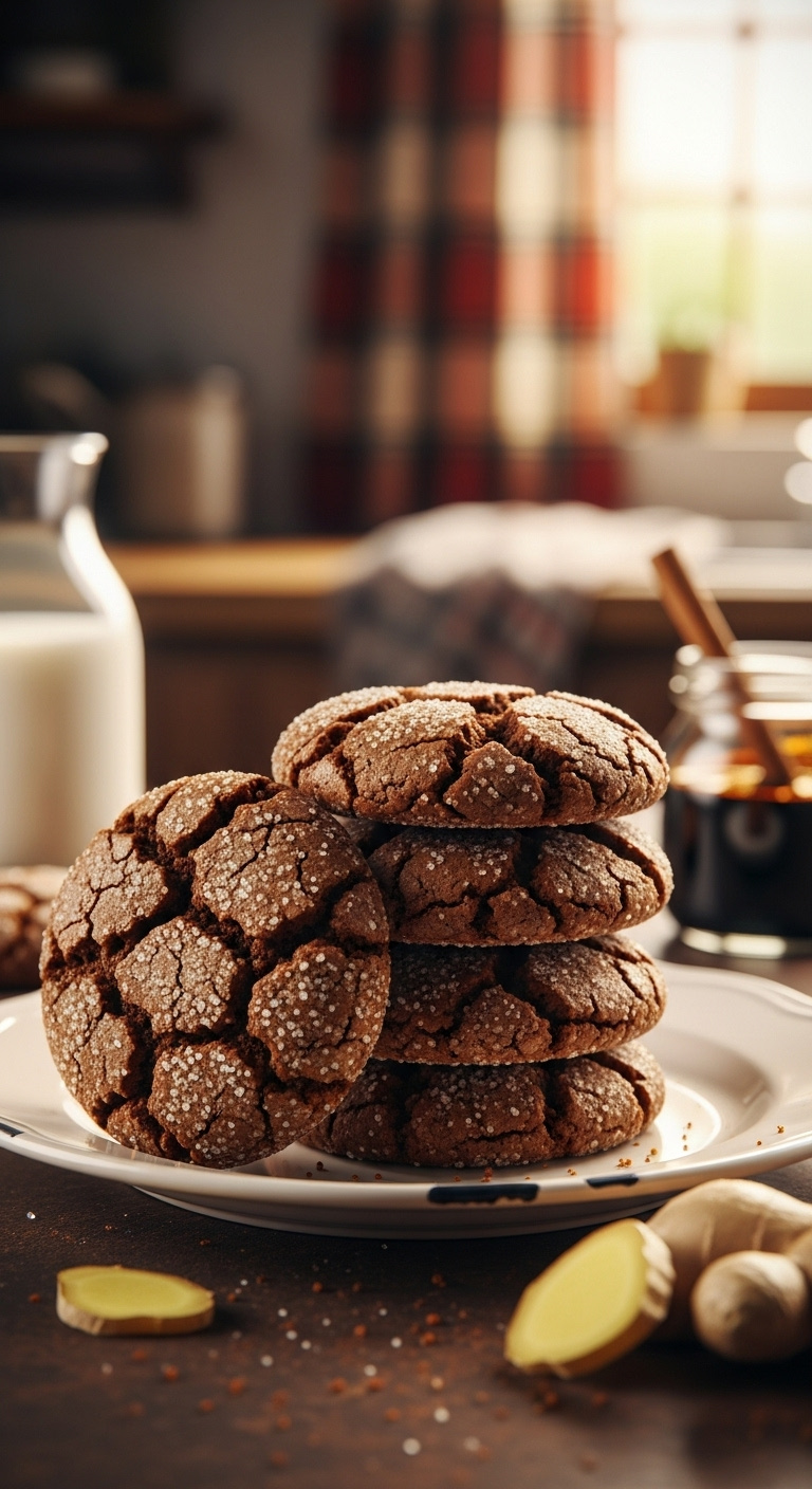 Stack Of Classic Chewy Molasses Ginger Cookies With Crackled Tops On A Vintage Ceramic Plate With Milk Molasses And Fresh Ginger