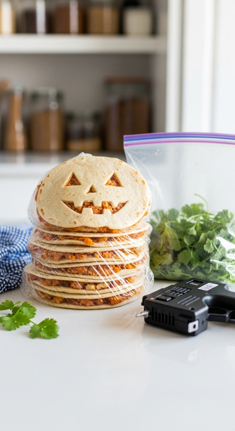 Stack Of Cling-Filmed Jack-O-Lantern Quesadillas With Visible Faces, Freezer Bag, Cilantro, On White Counter For Storage.