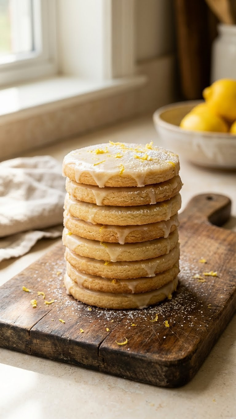 Stack Of Crisp Lemon Shortbread Cookies On Rustic Wooden Board, With Light Lemon Glaze, Citrus Zest, And Powdered Sugar.
