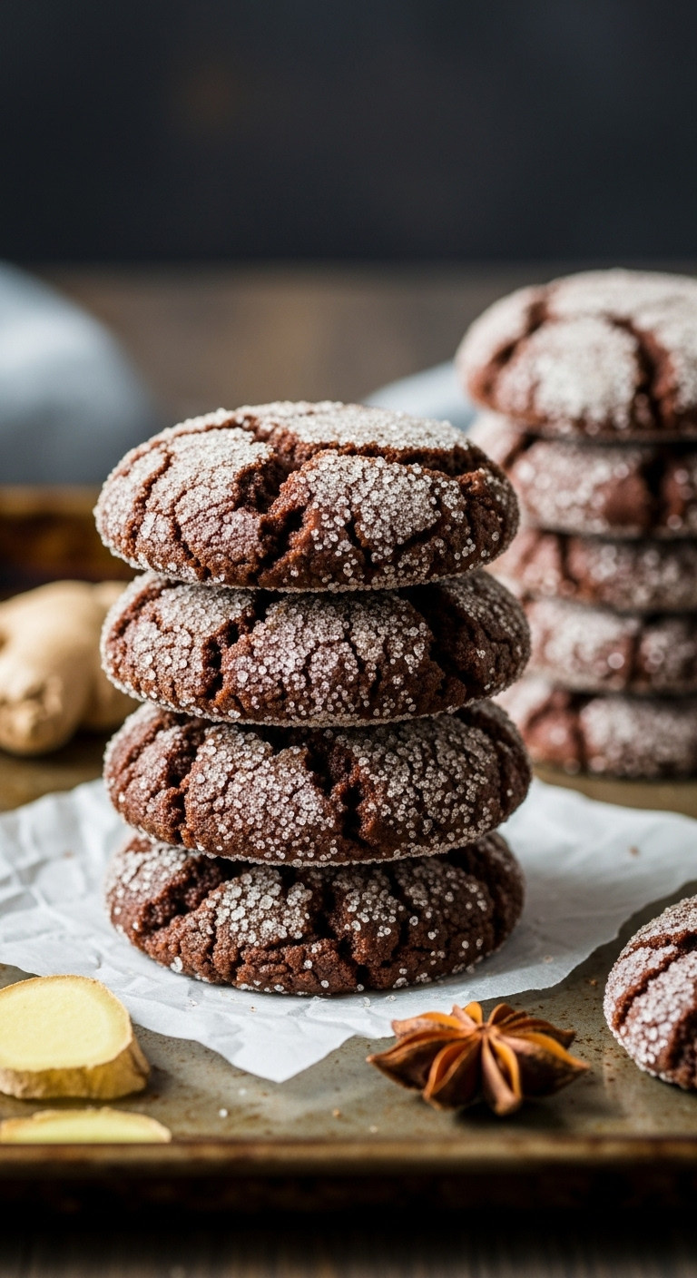 Stack Of Dark, Chewy Molasses Ginger Spice Cookies, Crackled Sugar Tops On Parchment. Ginger, Star Anise, Warm Holiday Light.