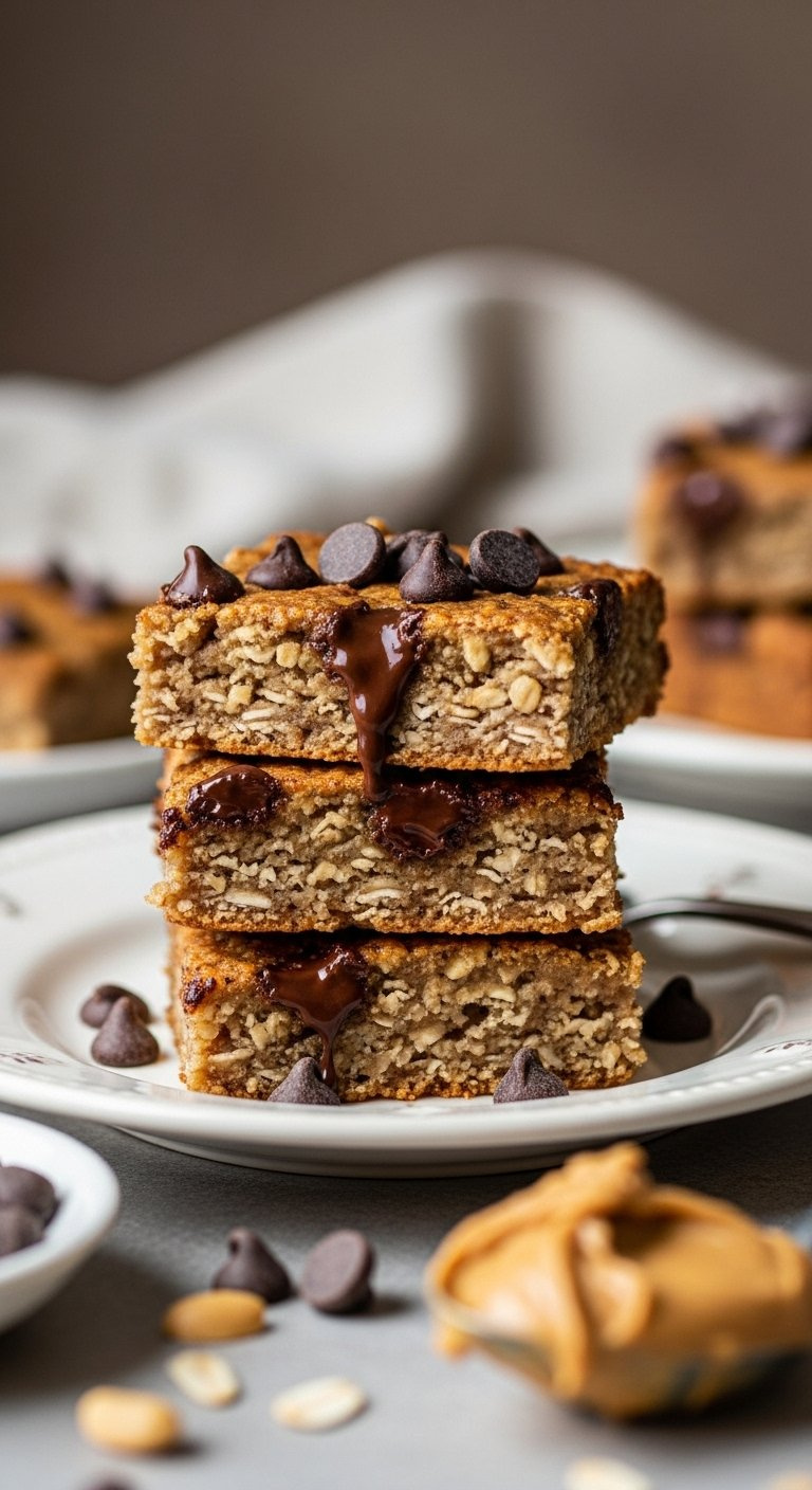 Stack Of Decadent Peanut Butter Banana Oat Bars Studded With Melted Dark Chocolate Chips On Vintage Ceramic Plate.