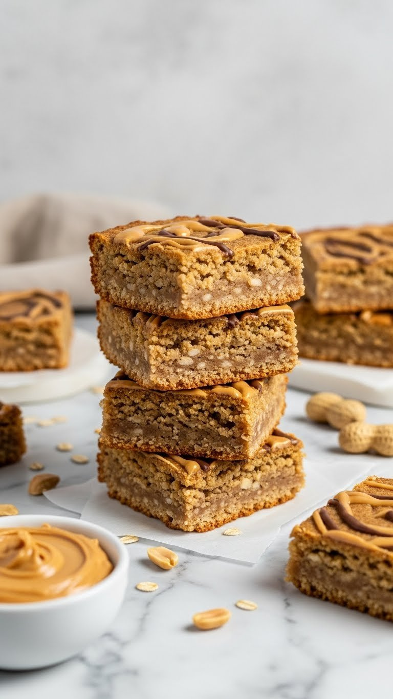 Stack Of Dense Peanut Butter Banana Bars With Oat Texture On Marble Countertop With Peanut Butter Bowl