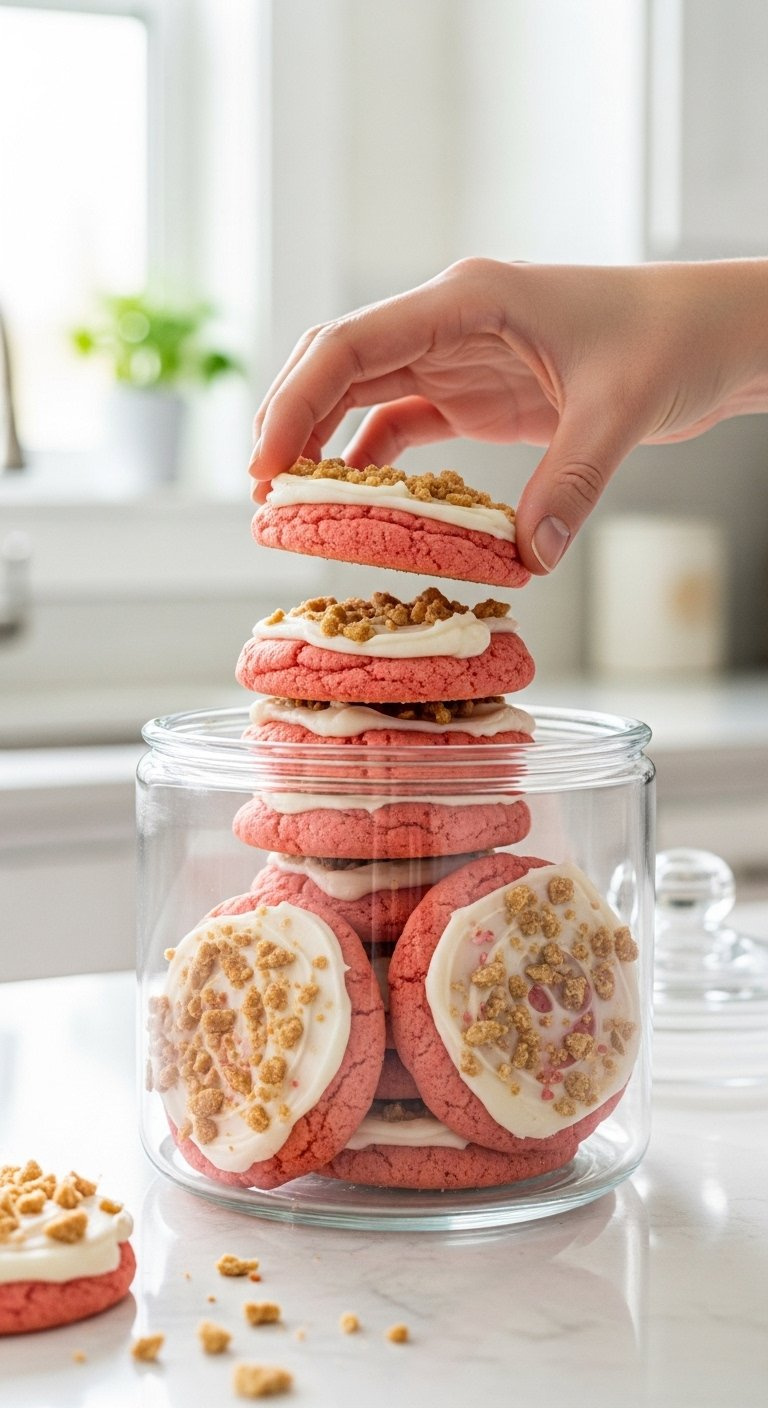 Stack Of Finished Pink Strawberry Crunch Cookies With White Frosting Being Placed Into A Clear Glass Container.