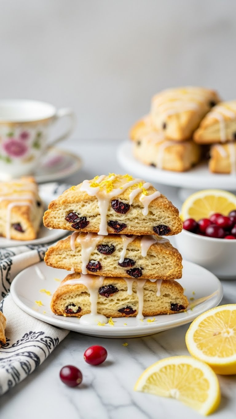 Stack Of Flaky Lemon Cranberry Scones With Glaze On White Plate, Fresh Cranberries, Lemon, Tea Cup. Delicious Breakfast Pastry.