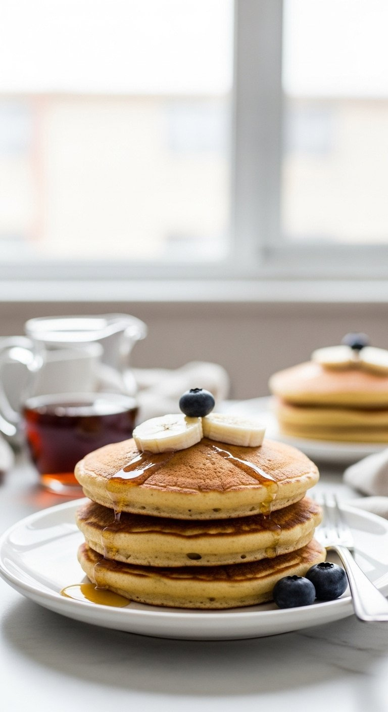 Stack Of Fluffy Golden-Brown Banana Pancakes Topped With Fresh Banana And Blueberry On A White Plate.