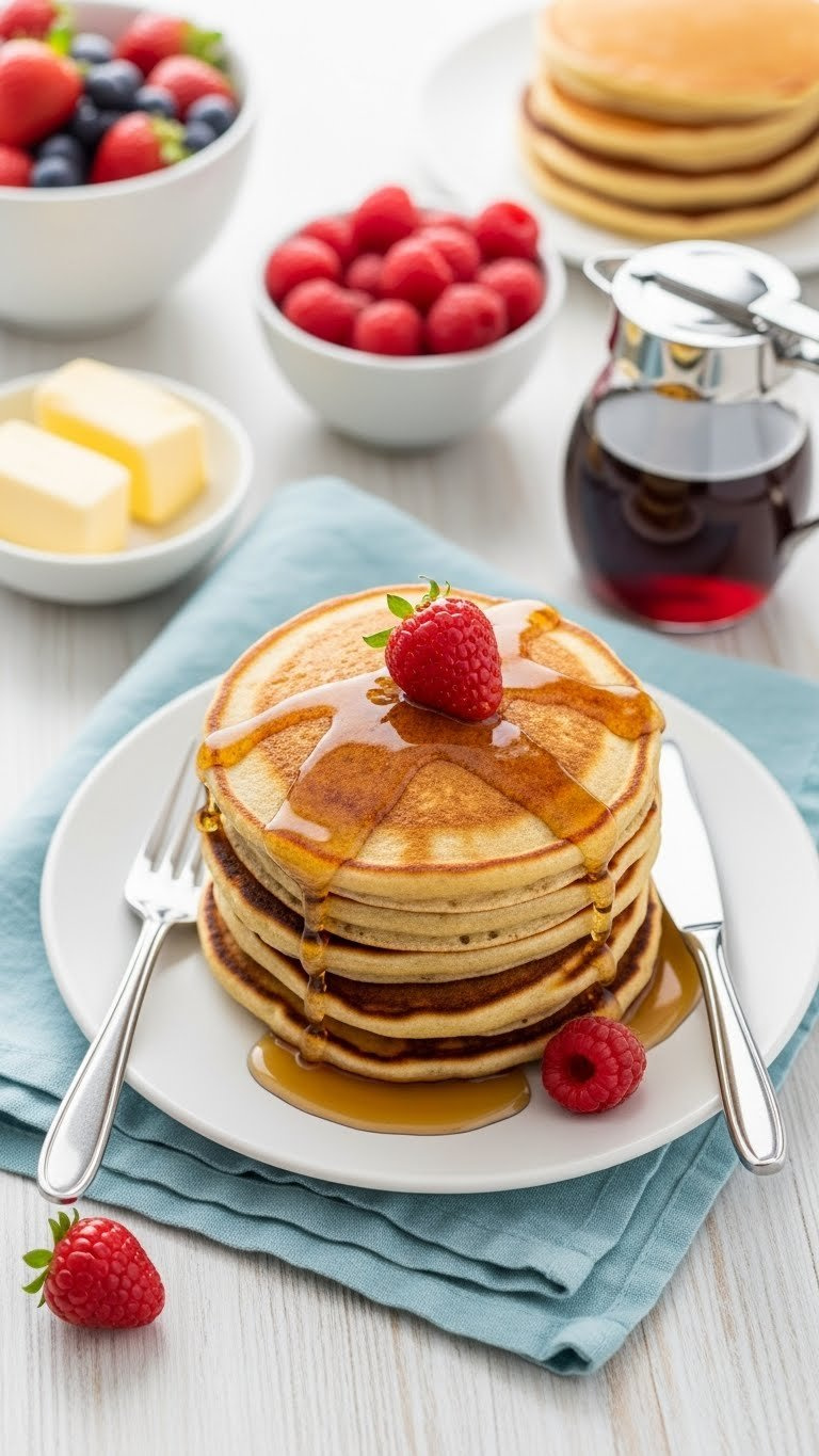 Stack Of Fluffy Golden-Brown Vegan Pancakes Drenched In Maple Syrup, With Fresh Berries And Vegan Butter, On A White Plate.