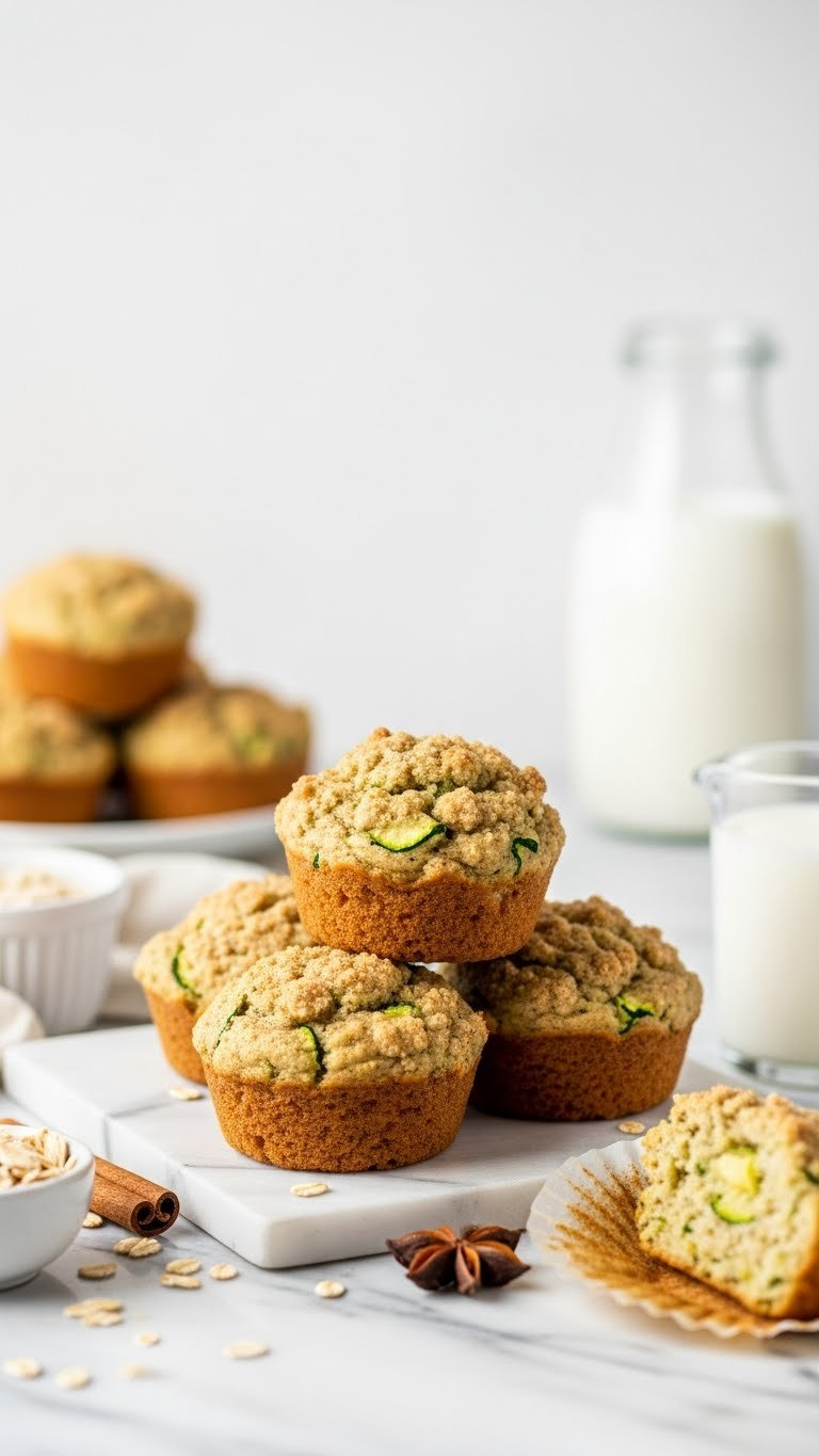 Stack Of Fluffy Golden-Brown Zucchini Muffins With Green Zucchini Flecks On Marble Countertop With Cinnamon Stick