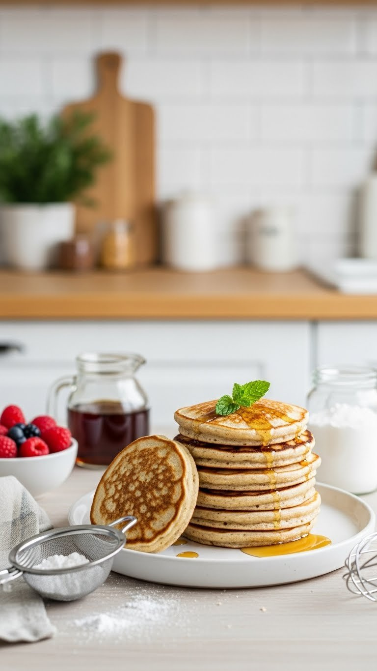 Stack Of Fluffy Oat Flour Pancakes With Baking Powder Jar And Sifter On White Ceramic Plate