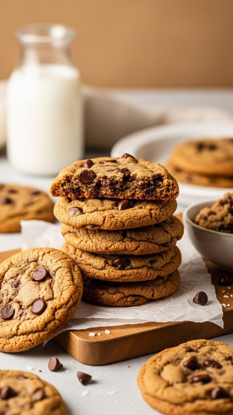Stack Of Freshly Baked Chocolate Chip Cookies, Chewy Center, Crisp Edges, On A Wooden Board With Milk.