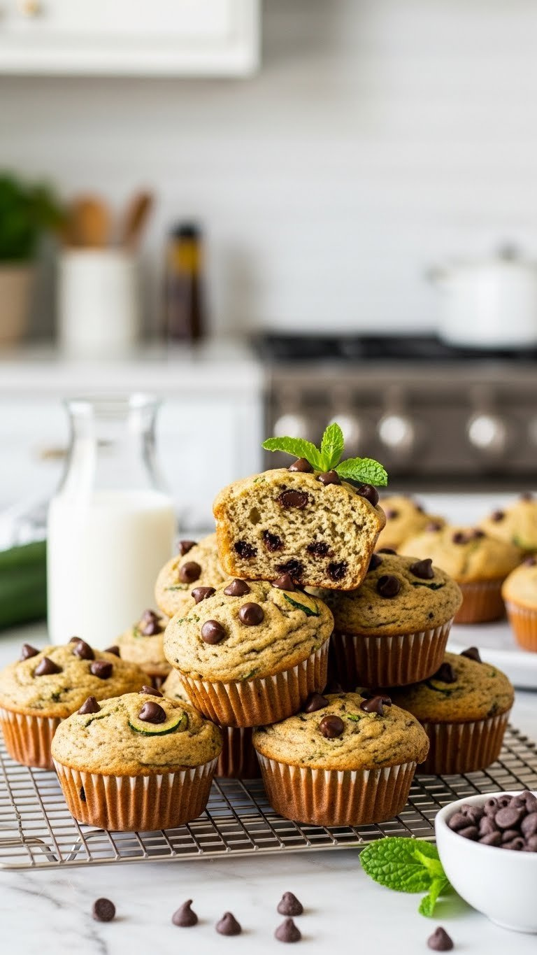 Stack Of Freshly Baked Chocolate Chip Zucchini Muffins With Melted Chocolate On Cooling Rack Against Marble Countertop