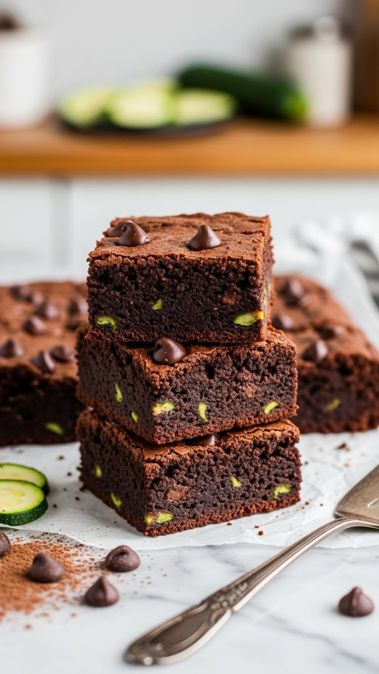 Stack Of Fudgy Chocolate Zucchini Brownies With Chocolate Chips On Marble Countertop In Cozy Kitchen