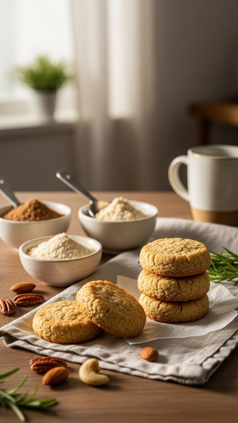 Stack Of Gluten-Free Almond Flour Cookies With Fine Crumb, Multiple Nut Flour Bowls With Measuring Scoop On Linen Cloth.