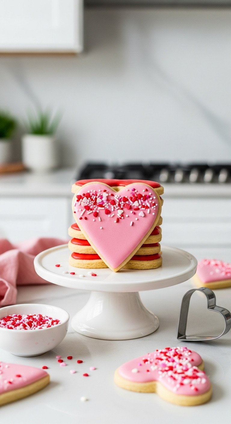 Stack Of Gluten-Free Vegan Heart Sugar Cookies With Pink &Amp; Red Royal Icing, Sprinkles On A White Pedestal, Festive Mood.