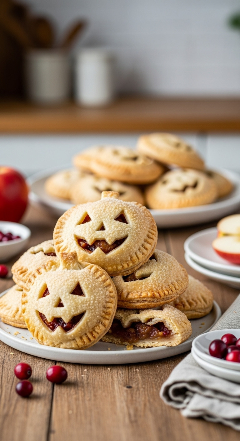 Stack Of Golden-Brown Jack-O-Lantern Hand Pies With Warm Fruit Filling, Sugar Dusting, Rustic Wooden Table, Cozy Kitchen Background.