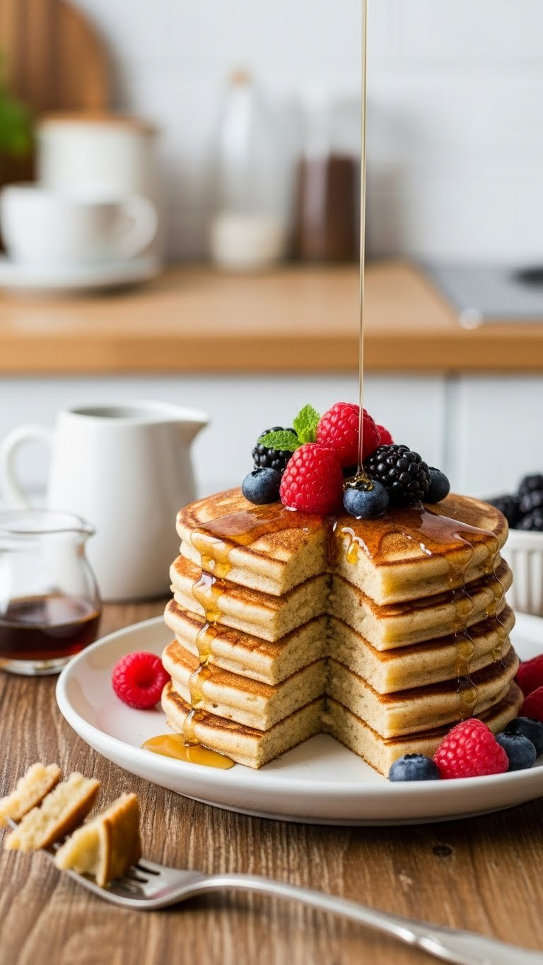 Stack Of Golden-Brown Trim Healthy Mama Fuel Pull Pancakes Drizzled With Sugar-Free Syrup And Topped With Fresh Raspberries And Blueberries
