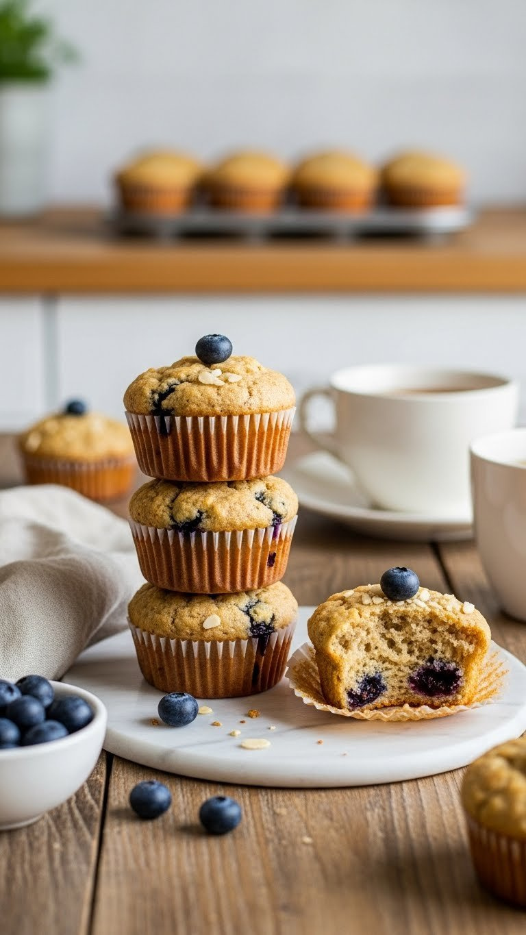Stack Of Golden-Brown Almond Flour Blueberry Muffins Broken Open To Show Moist Crumb With Fresh Blueberries On Rustic Table