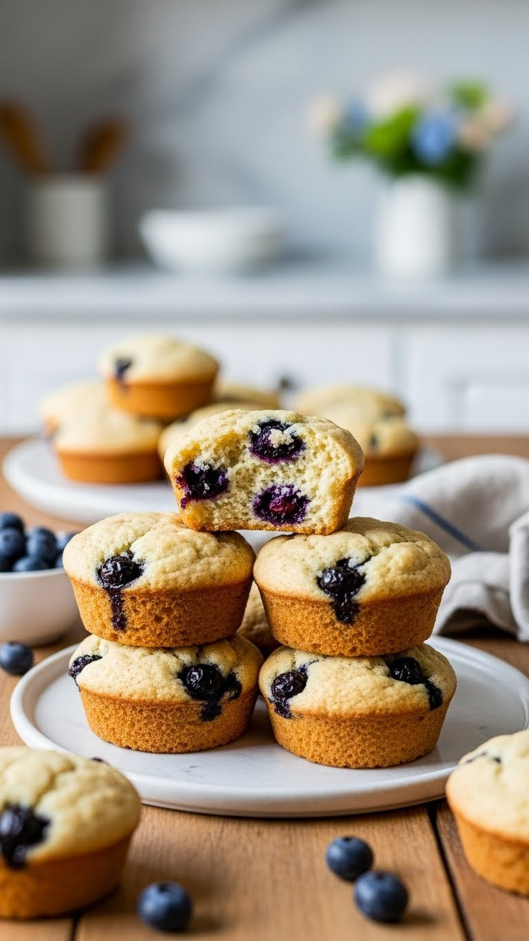 Stack Of Golden-Brown Almond Flour Blueberry Muffins With Burst Berries And Powdered Erythritol On Rustic Wooden Table With Soft Bokeh Background.