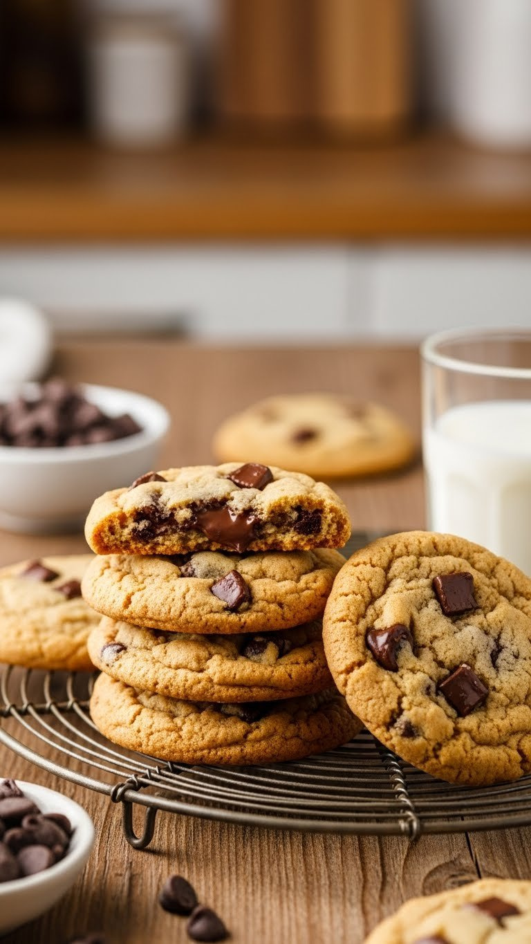 Stack Of Golden-Brown Eggless Chocolate Chip Cookies With Melted Chocolate On A Cooling Rack. Warm, Rustic Kitchen Dessert.