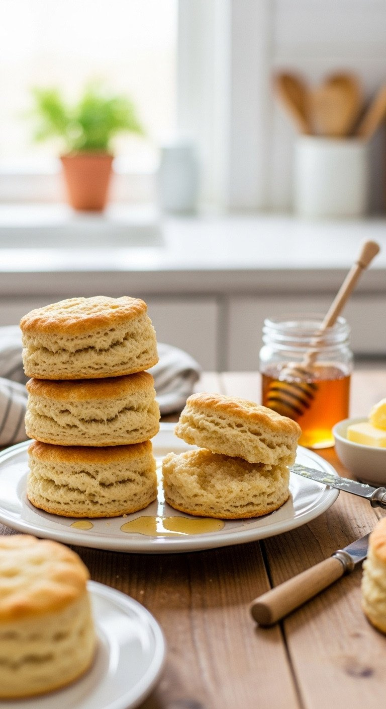 Stack Of Golden-Brown Flaky Buttermilk Biscuits On A Vintage Plate, One Broken. Fresh-Baked, Tender Biscuits With Honey And Butter.
