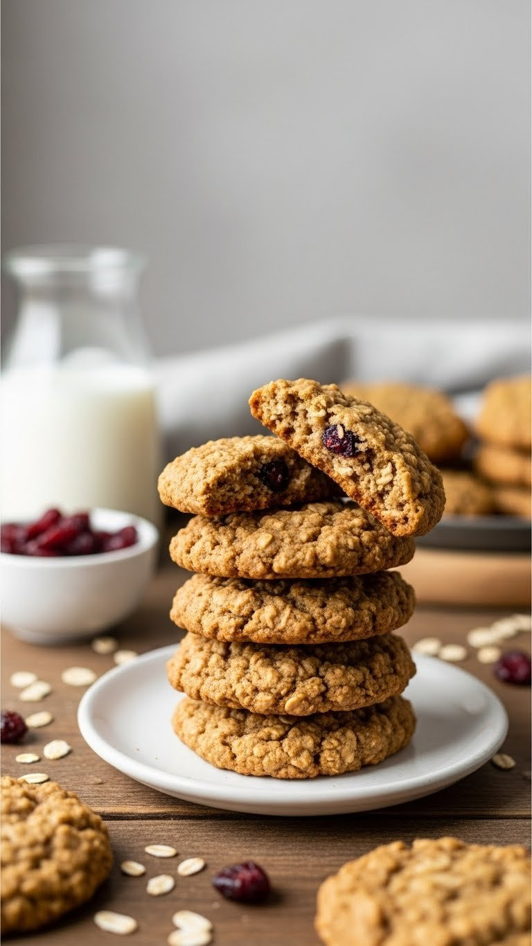 Stack Of Golden-Brown Healthy Oatmeal Cookies With Visible Oats And Dried Fruit On Rustic Wooden Table