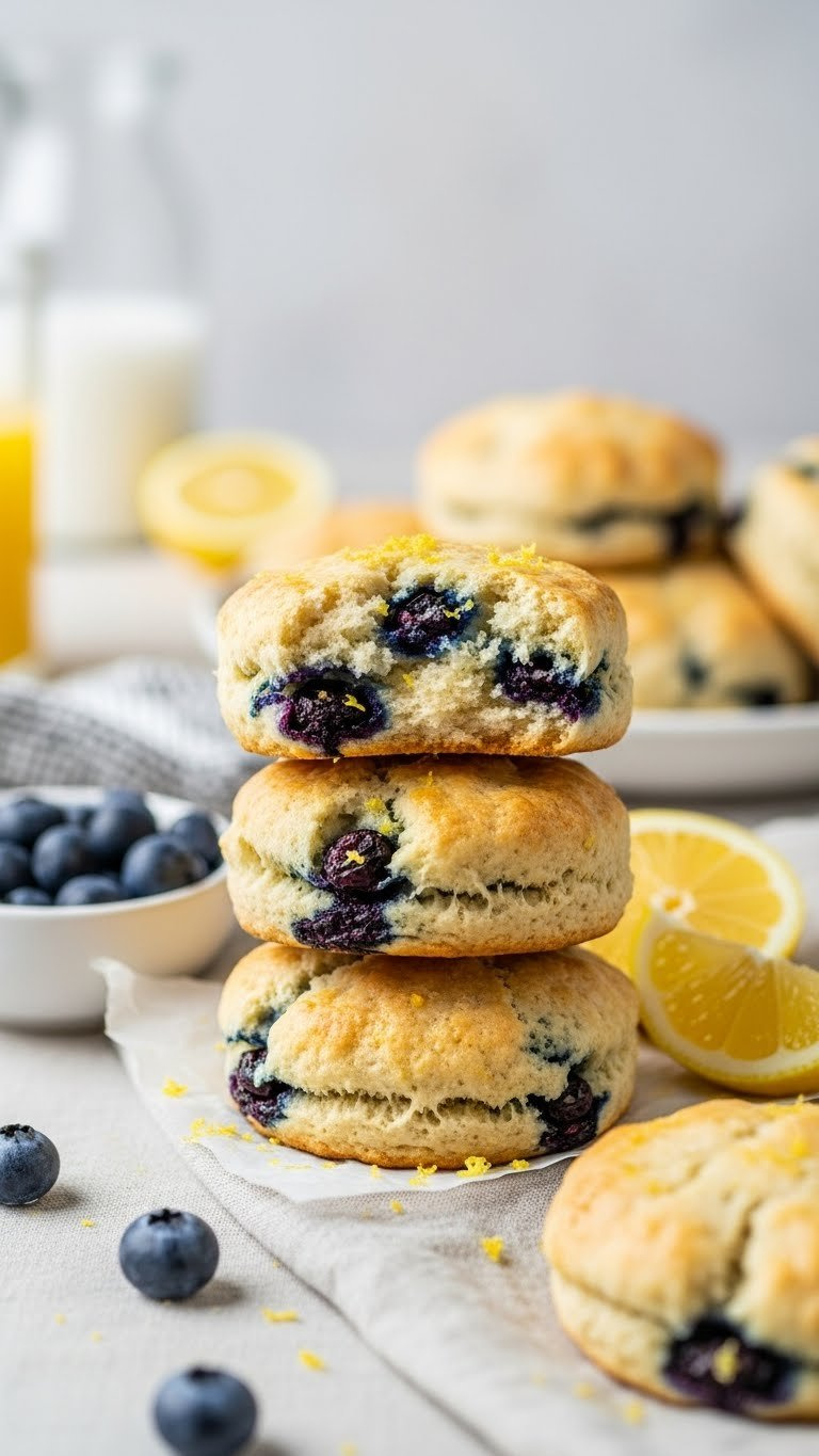 Stack Of Golden-Brown Low-Calorie Lemon Blueberry Scones With Visible Blueberries And Lemon Zest, One Broken Open To Show Fluffy Interior