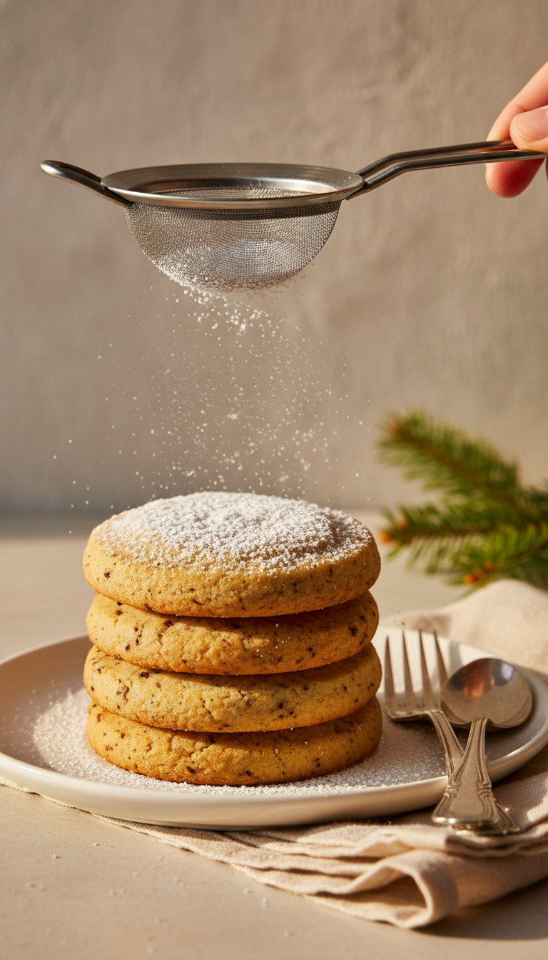 Stack Of Golden-Brown Shortbread Cookies Dusted With Powdered Sugar, Showcasing Buttery Texture &Amp; Spice Flecks On White Dish.