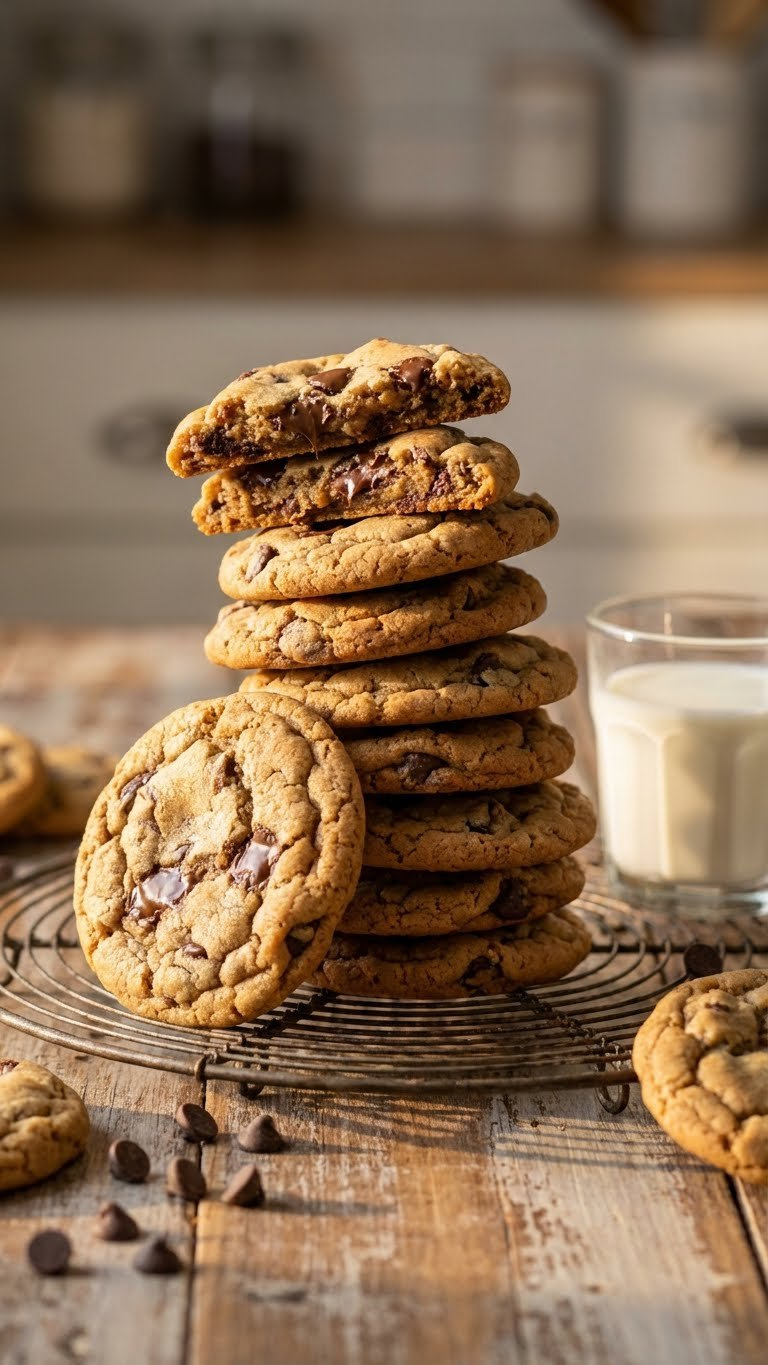 Stack Of Golden Chocolate Chip Cookies On Cooling Rack, Demonstrating Chewy Texture From Applesauce Egg Substitute.