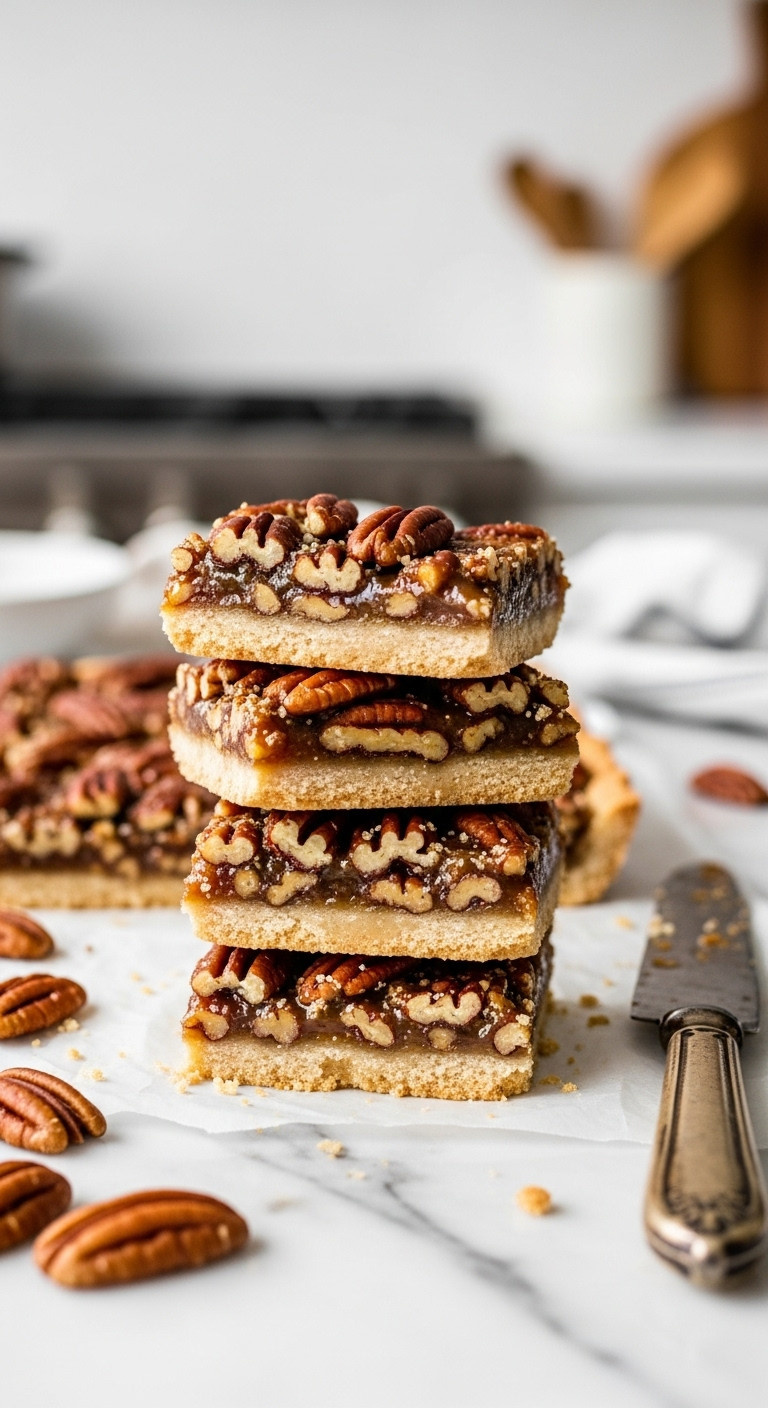 Stack Of Gooey Pecan Pie Bars With Toasted Pecans, Caramel Filling, Shortbread Crust On Parchment On Marble.