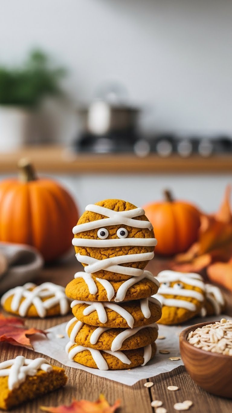 Stack Of Healthy Pumpkin Mummy Cookies With Sugar-Free Frosting Bandages And Edible Candy Eyes On Rustic Wooden Table With Autumn Leaves