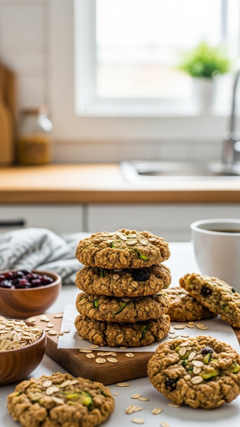Stack Of Hearty Zucchini Breakfast Cookies With Oats And Mini Chocolate Chips On Simple Wooden Board