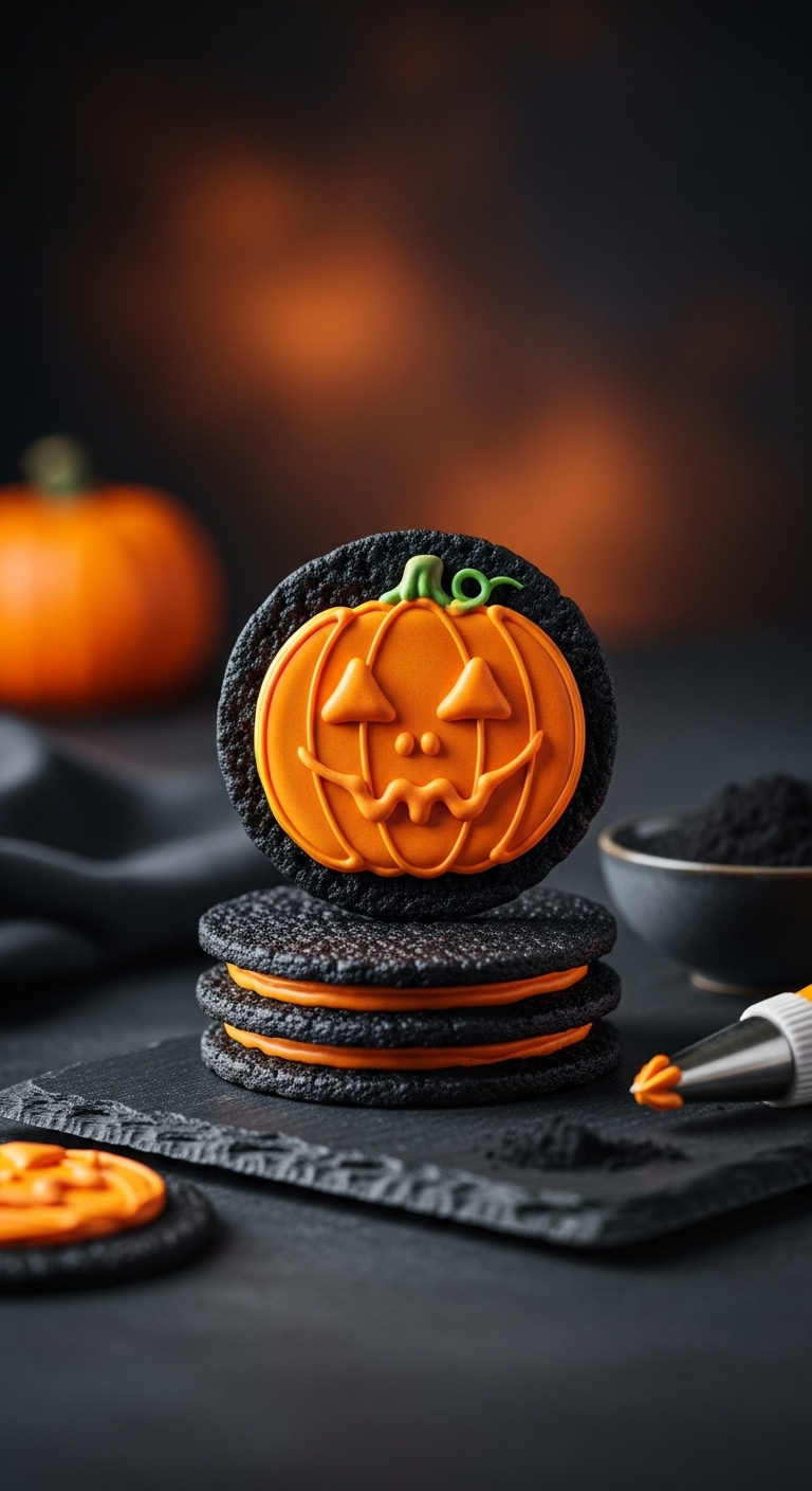 Stack Of Jet Black Cocoa Halloween Cookies With A Vibrant Orange Jack-O'-Lantern Face Piped On Top