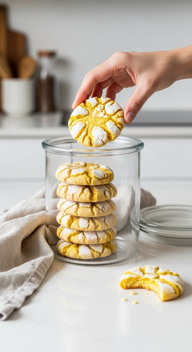 Stack Of Lemon Crinkle Cookies Stored Neatly Inside A Clear Glass Airtight Container On A Counter.