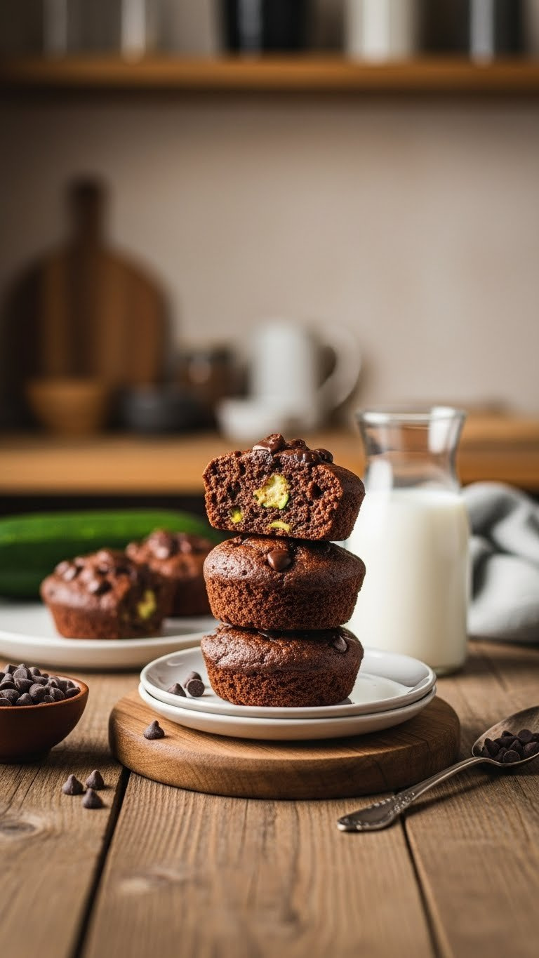 Stack Of Moist Chocolate Zucchini Muffins With Cocoa Powder Topping On Rustic Wooden Kitchen Table