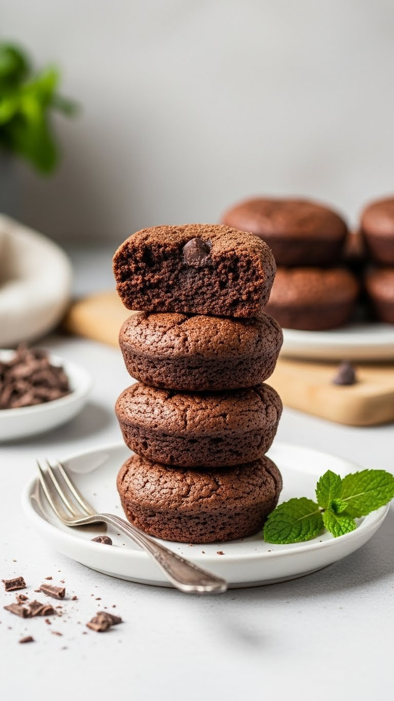 Stack Of Moist Dark Chocolate Protein Brownie Bites With Cocoa Powder Dusting On White Ceramic Plate Against Soft Bokeh Kitchen Background