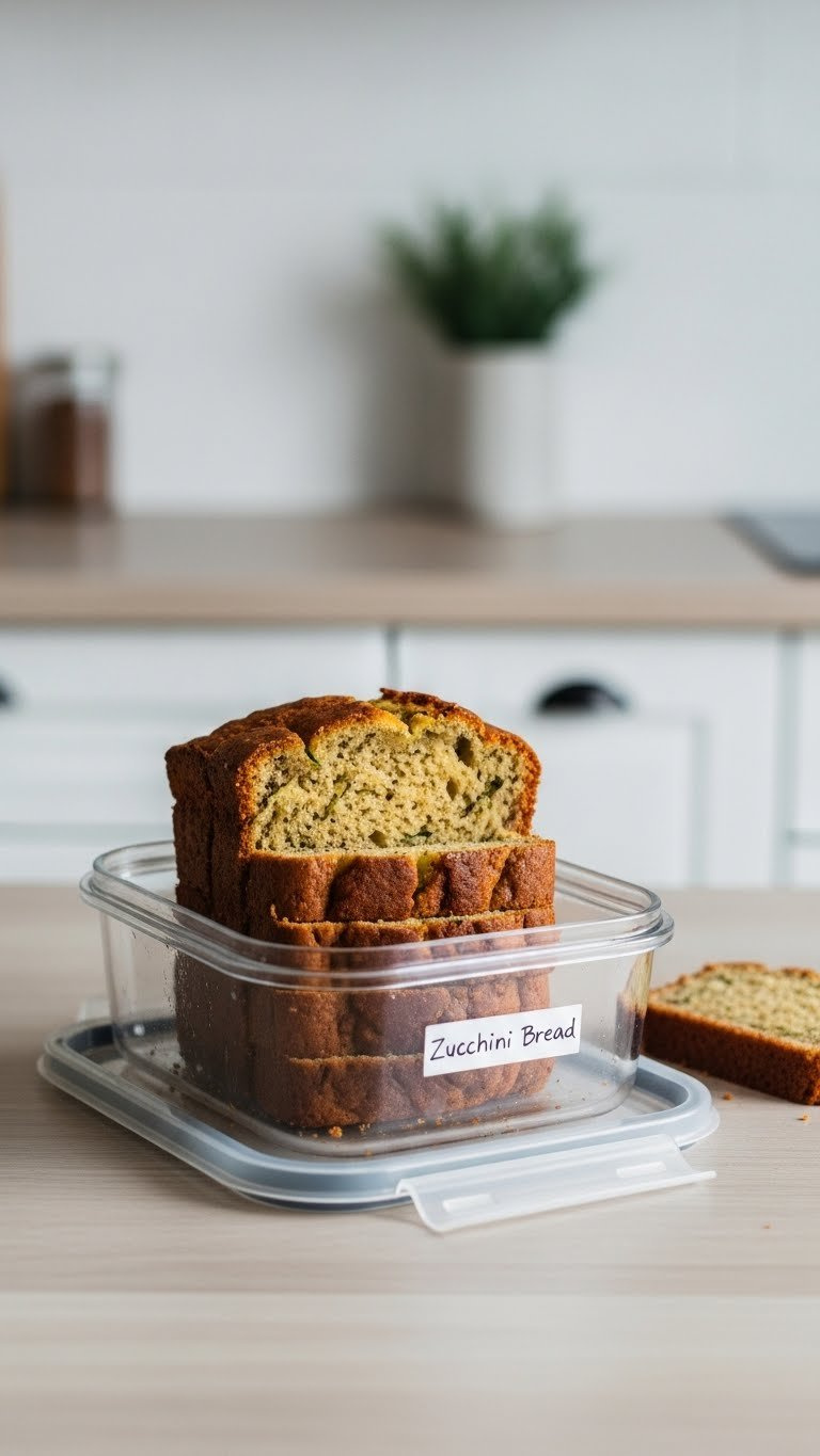 Stack Of Moist Zucchini Bread Slices Stored In Clear Airtight Container On Kitchen Counter