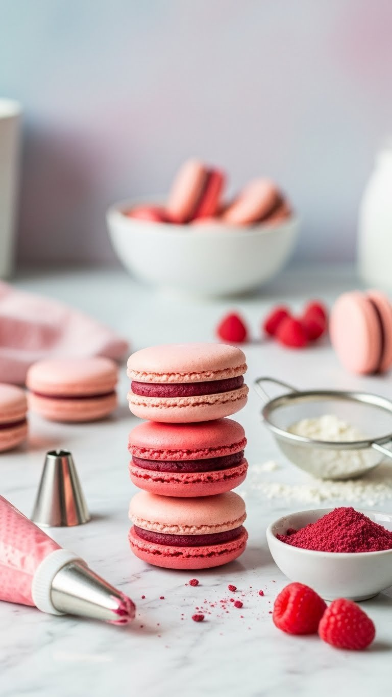 Stack Of Ombre Pink Macarons With Creamy Buttercream Filling Arranged Next To Raspberry Powder Bowl.
