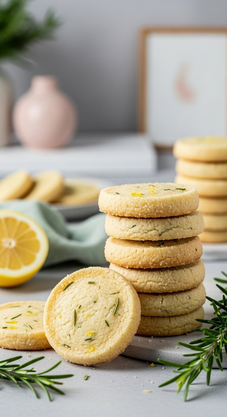 Stack Of Pale Golden Lemon Rosemary Sable Cookies With Sugared Rims On Gray Stone. Fresh Lemon &Amp; Rosemary Sprig.